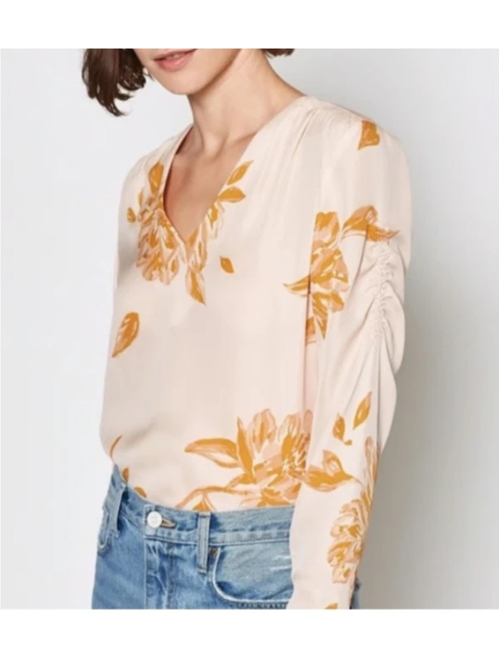 Joie Sz L 100% Silk Galvin Floral Print Layered Gathered Sleeve Blouse Pink